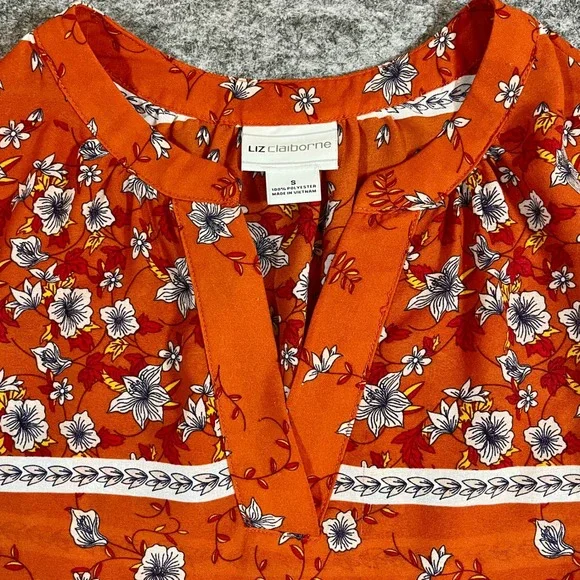 Liz Claiborne Blouse Womens Small Orange Floral Cap Sleeve V-Neck Boho Office - Picture 2 of 12